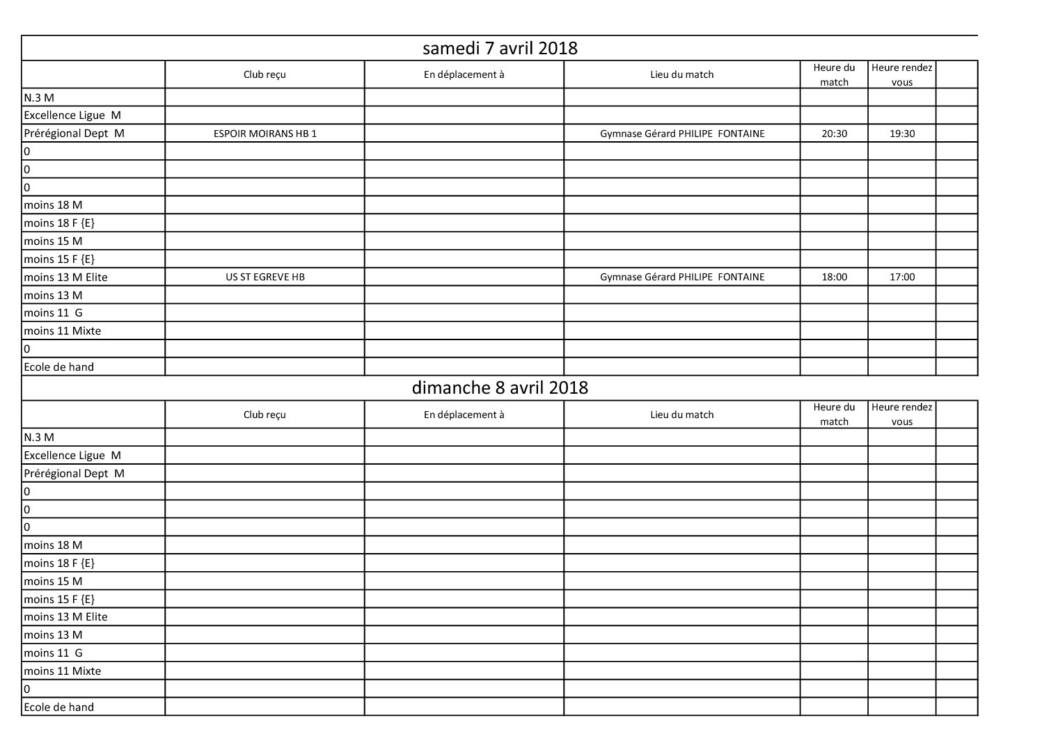 Planning des matchs avril 2018