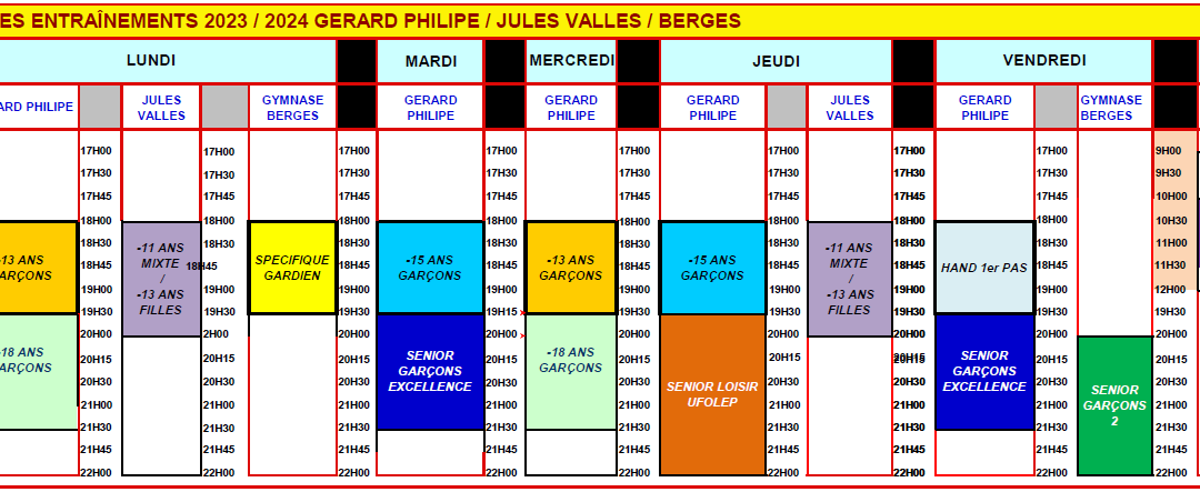 Planning des entraînements 2023-2024