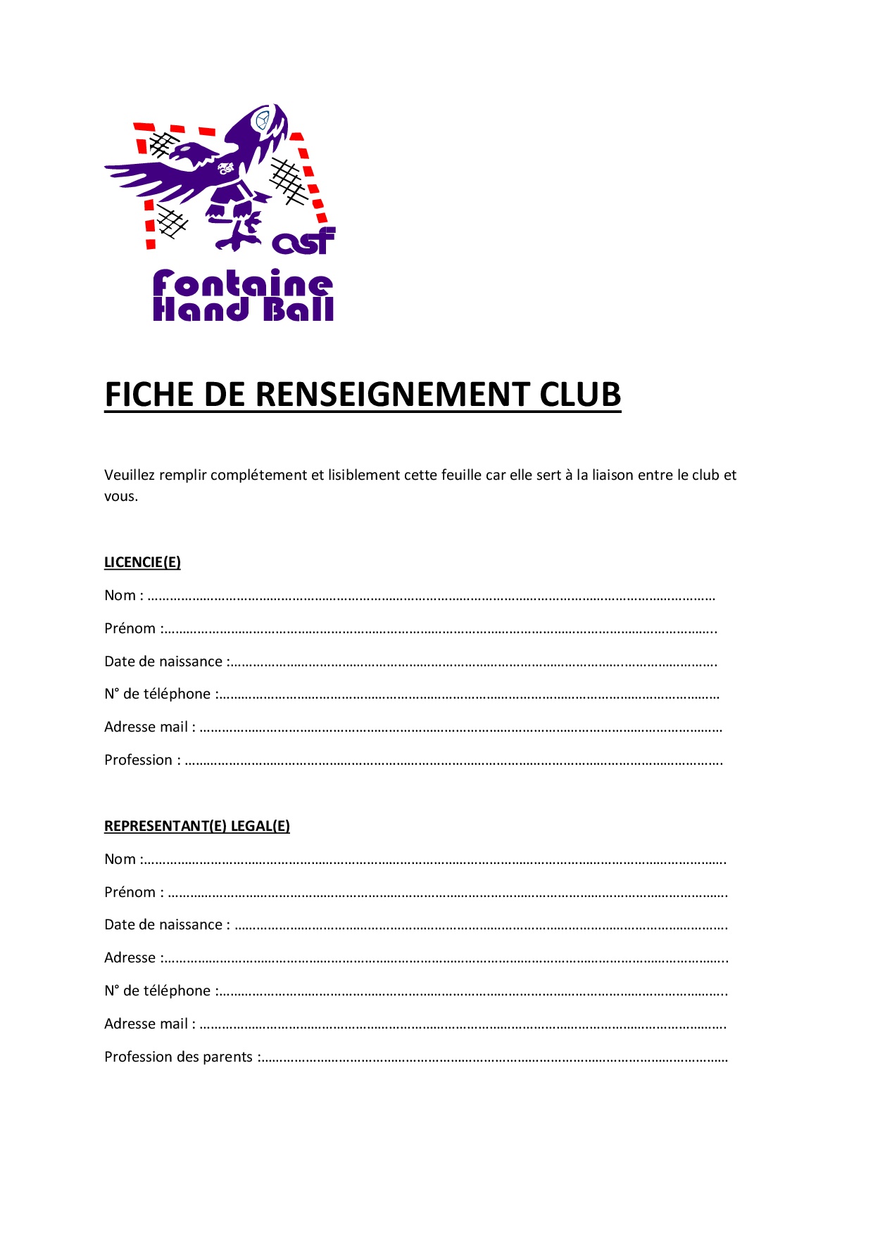 FICHE DE RENSEIGNEMENT CLUB