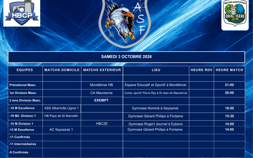 Planning des Matchs du 3 Octobre 2026