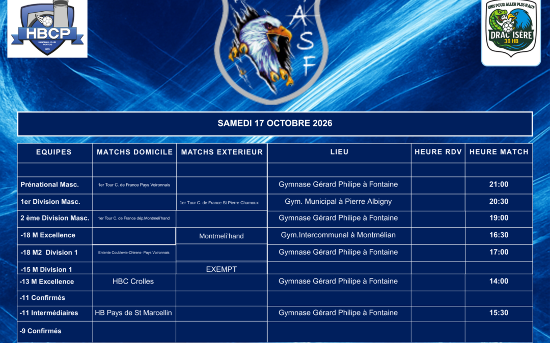 Planning des matchs du week-end du 17-18 Octobre 2026
